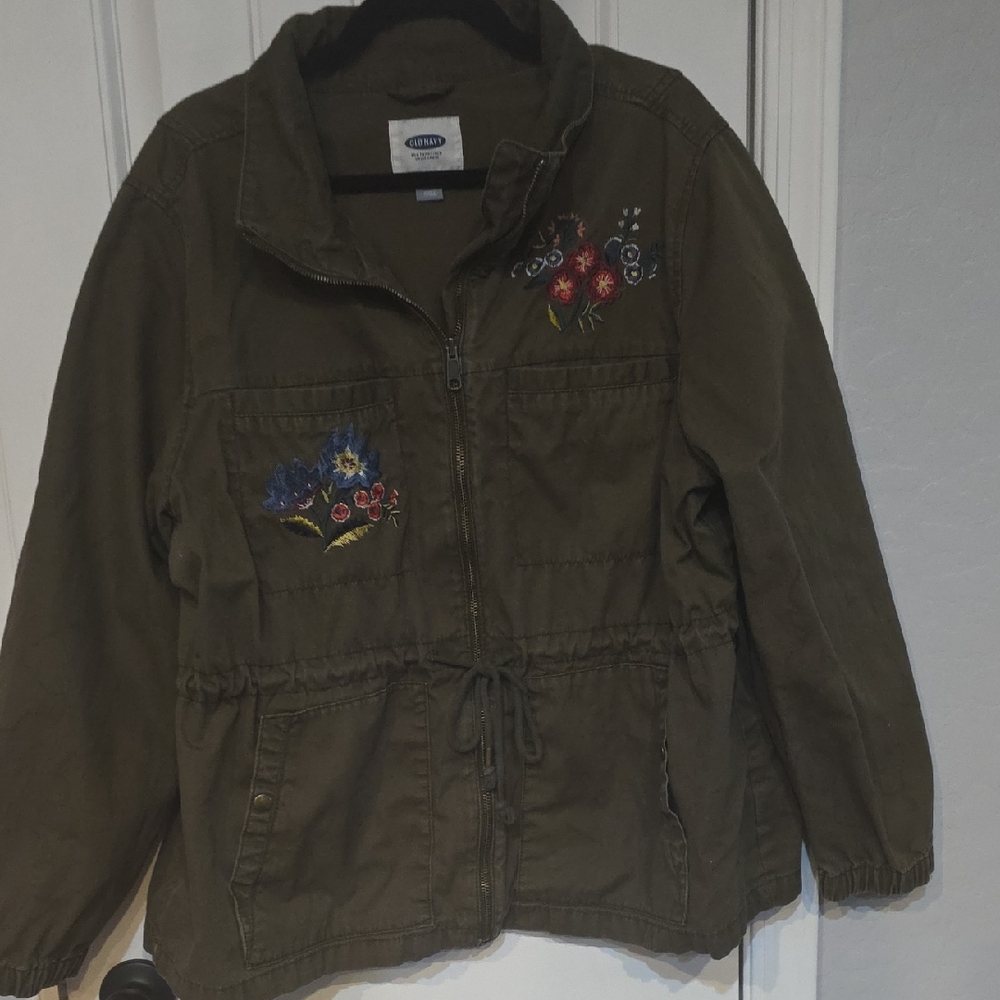 Old Navy Olive Jacket with Floral Embroidery